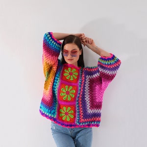 Oversize Crochet Rose Sweater, Granny Square Sweater, Crochet Rose Hexagon Sweater, Handmade Colorful Sweater, Granny Square Pullover image 3