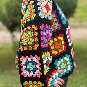 Crochet Black Cardigan, Black Granny Square Cardigan, Crochet Afghan Cardigan, Knitted Patchwork Coat, Handmade Granny Square Sweater, image 4