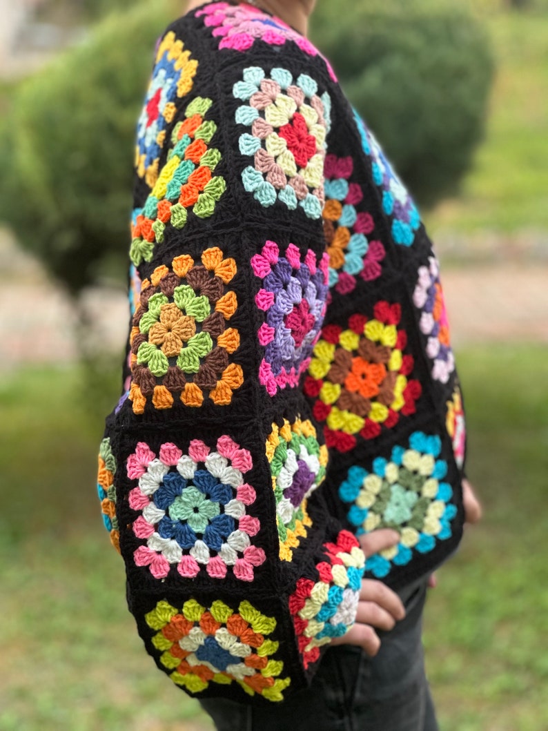 Crochet Black Cardigan, Black Granny Square Cardigan, Crochet Afghan Cardigan, Knitted Patchwork Coat, Handmade Granny Square Sweater, image 4