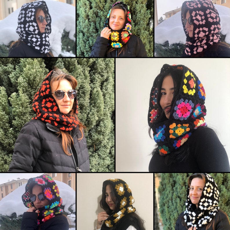 Crochet Black Balaclava, Granny Square Balaclava, Rainbow Crochet Balaclava, Crochet Balaclava Hat, Oversize Balaclava, Knitted Balaclava image 2