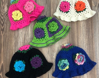 Crochet Jumbo Rose Bucket Hat, Granny Square Bucket Hat, Crochet Rose Hat, Crochet Rose Bucket Hat, Knitted Buchet Hat