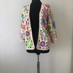 Granny Square Flowers Cardigan, Flowers Crochet Cardigan, Daisy Knitted Cardigan, Handmade Crochet Coat, Crochet Festival Jacket image 3