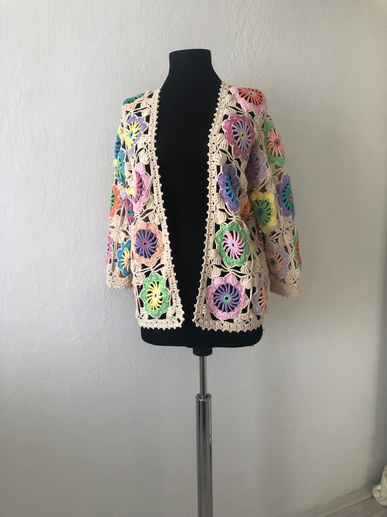 Granny Square Flowers Cardigan, Flowers Crochet Cardigan, Daisy Knitted Cardigan, Handmade Crochet Coat, Crochet Festival Jacket image 3