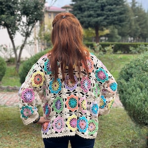 Granny Square Flowers Cardigan, Flowers Crochet Cardigan, Daisy Knitted Cardigan, Handmade Crochet Coat, Crochet Festival Jacket image 8