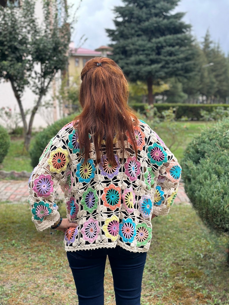 Granny Square Flowers Cardigan, Flowers Crochet Cardigan, Daisy Knitted Cardigan, Handmade Crochet Coat, Crochet Festival Jacket image 8