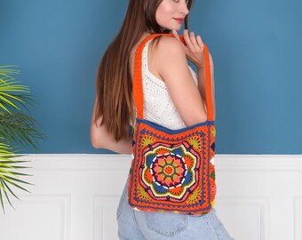 Crochet Shoulder Bag, Granny Square Crossbody Bag, Crochet Tote Bag, Crochet Afghan Bag, Handmade Colorful Bag, Knitted Bag, Handmade Bag