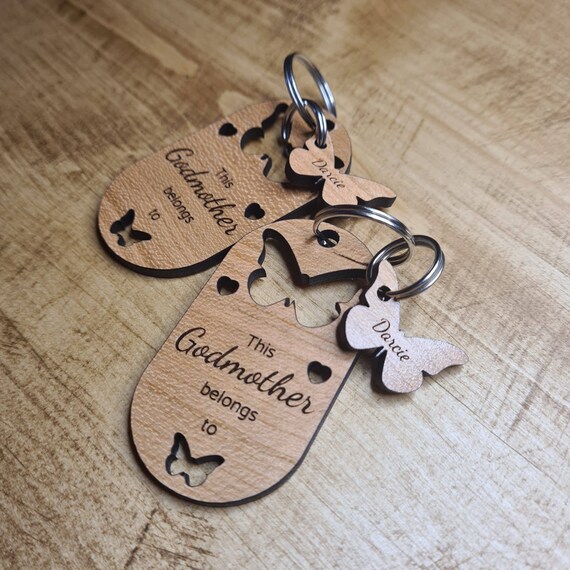 Godmother Personalised Keyrings / Gift Ideas / Baptism Keyrings / Made from Cherry Oak