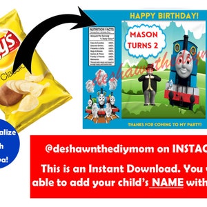 Thomas the Train Chip Bag/ Digital Download/ Editable/ Printable/ Custom Party Favors/ Thank You Gifts