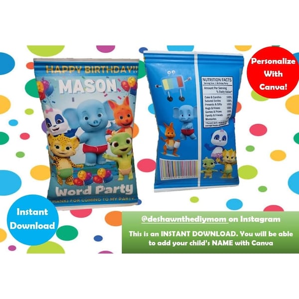 Word Party Chip Bag / Descarga digital / Editable / Decoración de Netflix / Word Party / Word Party cumpleaños / Chip Bags / Word party bolsas