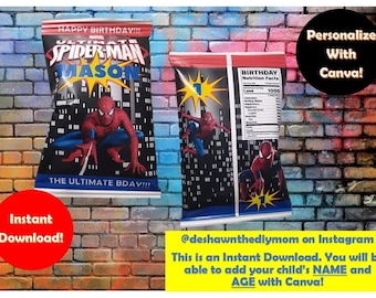 Spiderman Chip Bag/ Digital Download/ Editable/ Printable/ Custom Party Favors/ Thank You Gifts