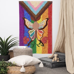 Cottagecore aesthetic progress pride moth Flag | Progress flag | Pride flag
