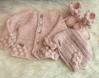 pink bobble baby sweater, boho baby cardigan set, baby cardigan set, new baby sweater, new baby hat booties sweater, boho bobble cardigan