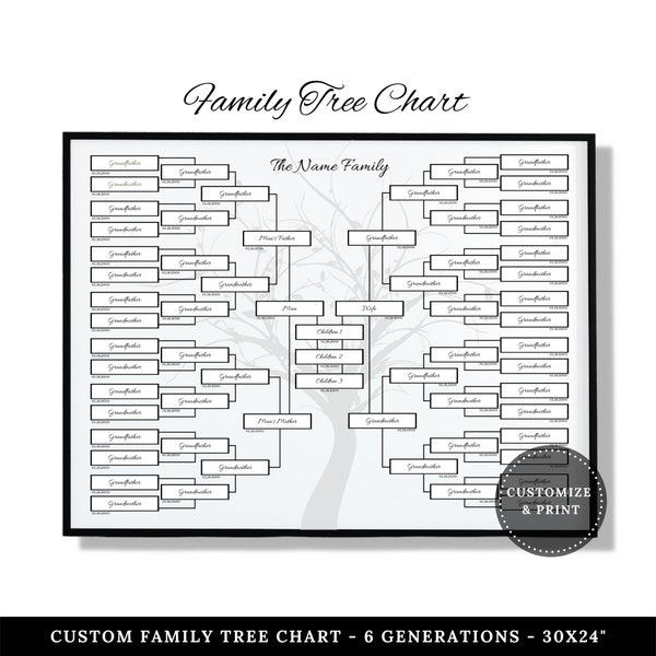 6 Generations Family Tree Chart... Custom Family Tree Print. Personalized Family Tree Gift. Digital Download. Family Tree Wall Art.