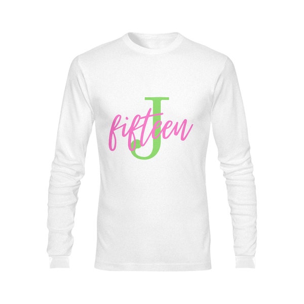 J15 Greek unisex t-shirt. Pink and Green J fifteen/w PINK FIFTEEN. Founders Day  Short and Long Sleeve shirts
