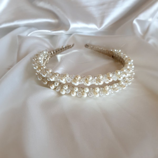 White Pearl Crystal Rhinestones Bridal Headband / Engagement Accessory /Embellished Wedding Headband /Handmade Hairband/ Embellished Crown