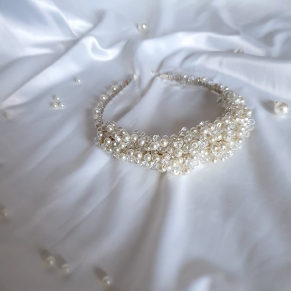 White Pearl Crystal Beaded Bridal Headband / Engagement Accessory /Embellished Wedding-Bridal Headband /Handmade Hairband/ Embellished Crown