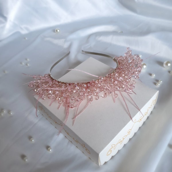 Pink Shiny Crystal Beaded Bridal Headband With Feather detail /Engagement Accessory /Embellished Wedding-Bridal Headband /Handmade Hairband
