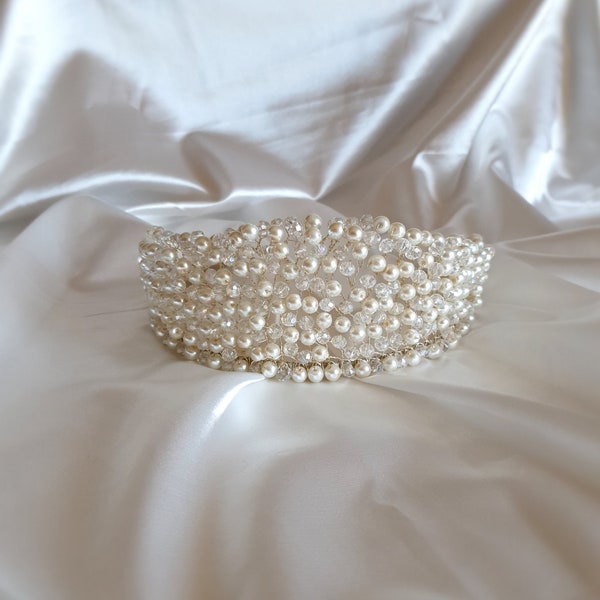 White Pearl Crystal Beaded Bridal Headband / Engagement Accessory /Embellished Wedding-Bridal Headband /Handmade Hairband/ Embellished Crown