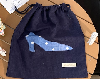 Sac à chaussures en lin bleu marine fait main