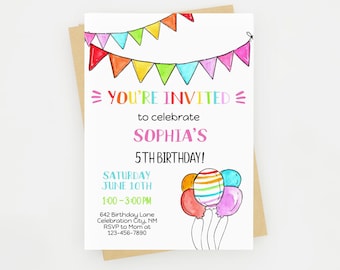 May include: A colorful birthday party invitation with a banner of flags and balloons. The invitation is for Sophia's 5th birthday party on Saturday, June 10th from 1:00 to 3:00 PM. The address is 642 Birthday Lane, Celebration City, NM. RSVP to Mom at 123-456-7890.