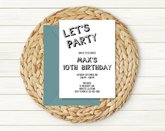 Invitación para una fiesta / Invitación de cumpleaños sencilla / Invitación minimalista en blanco y negro / Plantilla editable / Descarga instantánea