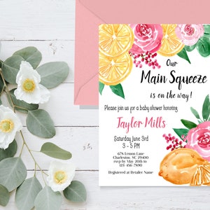Rosa Blumen-Zitronen-Babyparty-Einladung | Zitrone-Babyparty | Main Squeeze-Babyparty-Einladung | Bearbeitbare Vorlage | Sofortdownload