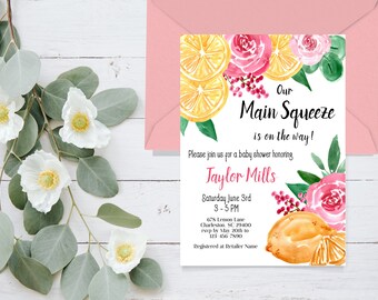 Rosa Blumen-Zitronen-Babyparty-Einladung | Zitrone-Babyparty | Main Squeeze-Babyparty-Einladung | Bearbeitbare Vorlage | Sofortdownload