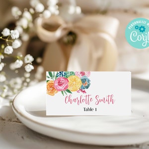 Cartão de Lugar Floral | Cartão de Lugar Floral Limão | Brunch de Noiva | Cartão de Lugar de Mesa | Tenda e Plano | Modelo Editável | Download Instantâneo