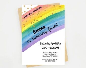 Invitación de cumpleaños con arcoíris / Invitación con arcoíris / Invitación con purpurina de arcoíris / Arcoíris de acuarela / Plantilla editable / Descarga instantánea