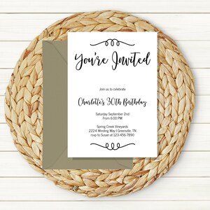 You&#39;re Invited Party Invitation | Simple Birthday Invitation | Minimalist Black and White Invite | Editable Template | Instant Download