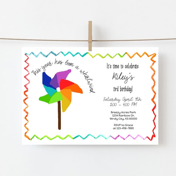 Pinwheel Birthday Invitation | Rainbow Pinwheel | Party in the Park Invite | Editable | Instant Download