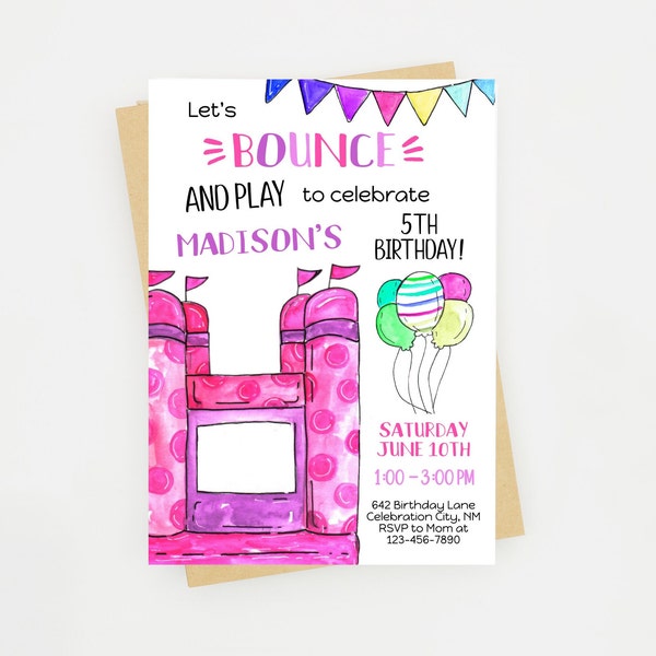 Pink Bounce House Invitation | Kids Birthday Party Invitation | Colorful Birthday Invite  | Invitation Template | Instant Download