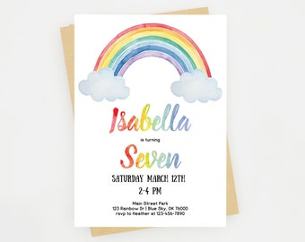 Invitación de cumpleaños con arcoíris / Invitación con arcoíris / Invitación a una fiesta con arcoíris / Arcoíris de acuarela / Plantilla editable / Descarga instantánea