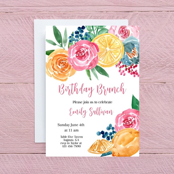 Floral Brunch Invitation | Birthday Brunch | Lemon Floral Invitation | Editable Template | Instant Download