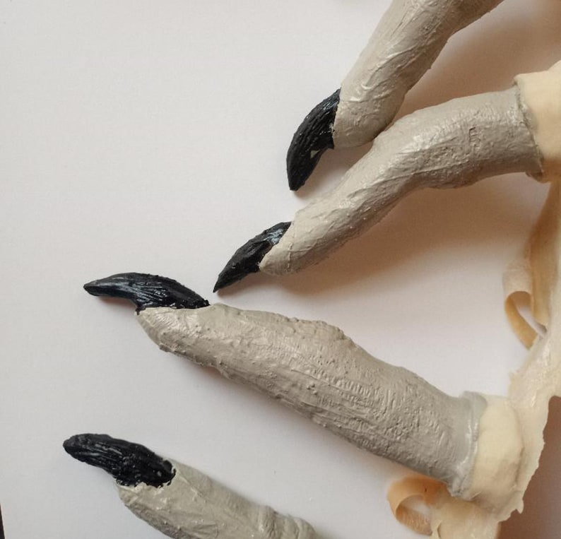 May include: Close-up of four gray, textured, sculpted fingers with black claws. The fingers are bent and appear to be part of a larger hand.