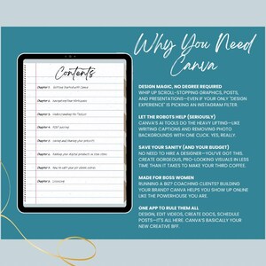 May include: A digital tablet shows a notebook-style contents page and text about Canva. The teal background features gold decorative lines and text that reads "Why You Need Canva." The tablet's screen shows chapter titles.