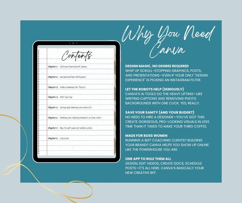 May include: A digital tablet shows a notebook-style contents page and text about Canva. The teal background features gold decorative lines and text that reads "Why You Need Canva." The tablet's screen shows chapter titles.