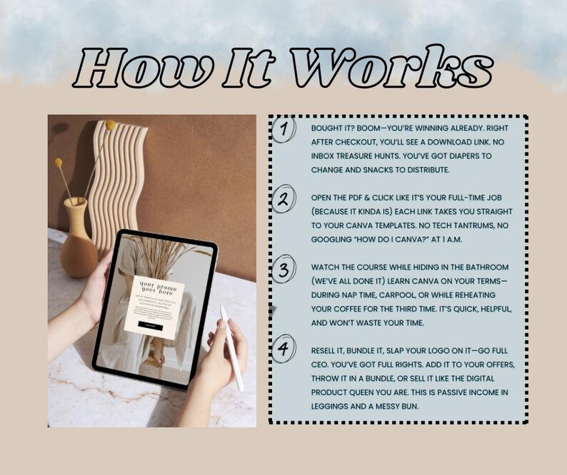 May include: Image with the text "How It Works". A tablet displays a webpage, held with a stylus. The text explains the steps to use a digital product, including downloading, using templates, and reselling.