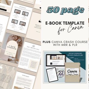 May include: A digital e-book template for Canva, with a 50-page design. The image includes a Canva crash course with MRR & PLR, plus workbook pages and design elements. The colour palette is neutral with beige and white tones.