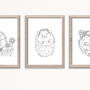Pode incluir: Três desenhos em preto e branco de ouriços em poses diferentes. O primeiro ouriço está cheirando uma flor, o segundo está enroscado em uma bola e o terceiro está usando uma coroa de flores.