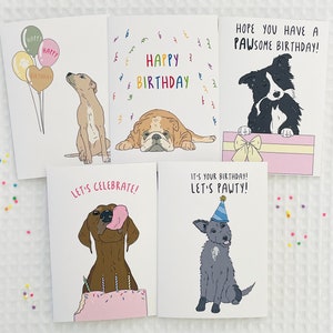 Lot de cinq cartes d'anniversaire pour chien, intérieur vierge, oeuvre d'art, dessin au trait fait main pour animal de compagnie, option de téléchargement numérique