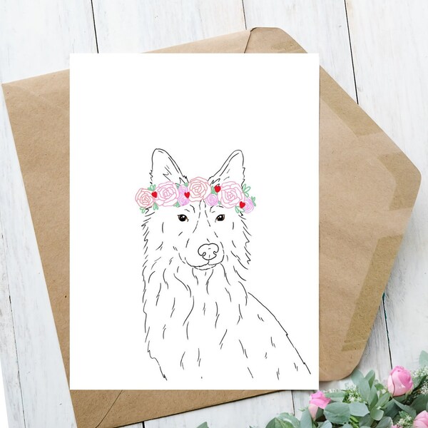 Valentine's Day Flower Crown Aussie, Artwork, Card, Handmade Pet Line Art, Blank Interior, Digital Download Option