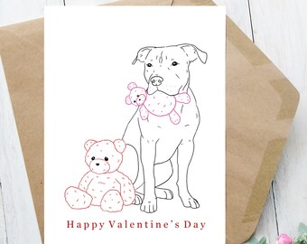 Valentine's Day Pitbull with Teddy Bear, Artwork, Card, Handmade Pet Line Art, Blank Interior, Digital Download Option