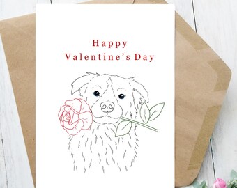 Valentine's Day Border Collie with Rose, Artwork, Card, Handmade Pet Line Art, Blank Interior, Digital Download Option