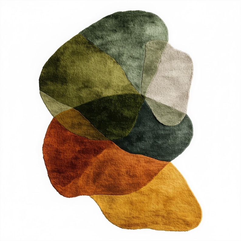 Irregular Shape Hand Tufted Wool Rug - Abstract Moss Green and Rust ...