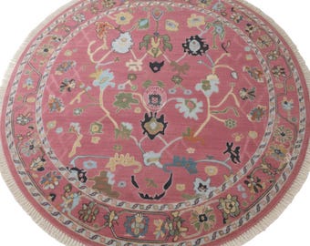 Hand Knotted Round Rug, Pink Oushak Wool Carpet for Living Room, Floral Circular Area Rug, Aesthetic Nursery Decor, Handwoven Oriental Rug