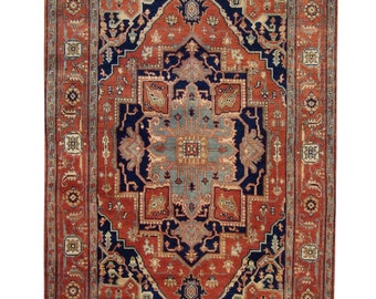 Hand Knotted Wool Rug, Traditional Serapi Medallion Area Rug for Living Room, Rust Red Navy Blue Oriental Rug, Vintage Style Turkish Carpet