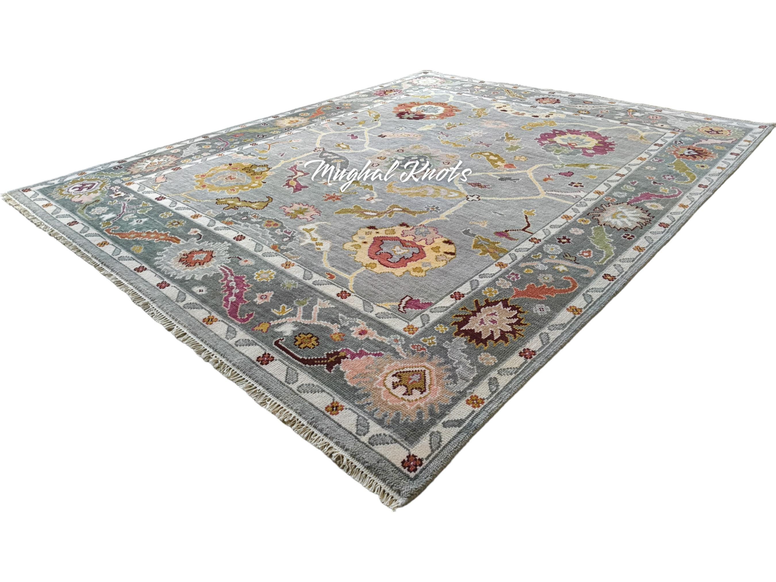 幾何学模様の手織りウールラグ ブルーの幾何学模様のウシャックラグ – 手織りウール、ヴィンテージ