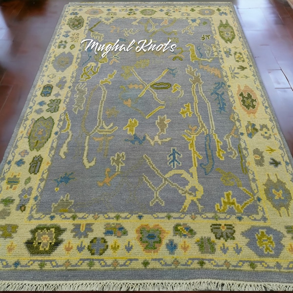 Tapis oriental en laine oushak géométrique bleu beige noué à la main | Tapis en laine sur mesure