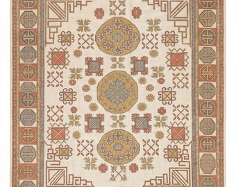 Kremowy, ręcznie tkany dywan, geometryczny dywan w stylu vintage w Turcji, tradycyjny wełniany dywan w kolorze rdzawo-złoto-niebieskim, neutralny dywan do salonu w stylu boho, dywan Oushak
